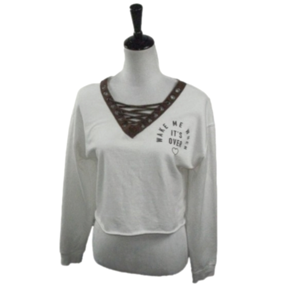 Awake Cream/Brown Lace Up Neckline Cropped Top Size Medium
